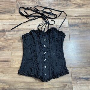 Womens Black Floral Corset with Ruffle & Tie